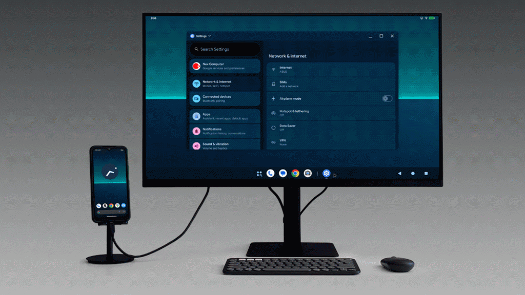 NexPhone підключено до монітора, демонструючи настільний режим